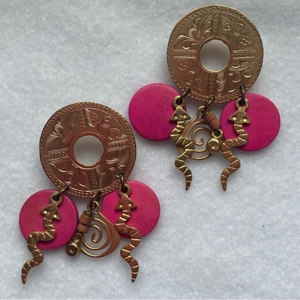 Macy’s vintage gold metal hoop pink disk tribal bohemian statement earri…